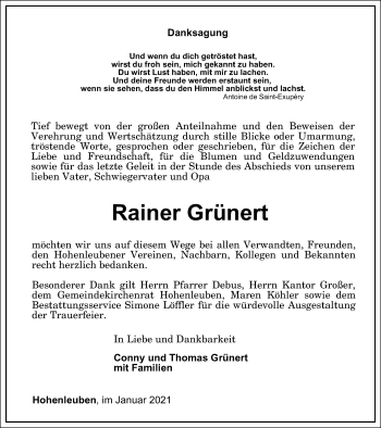 Traueranzeige von Rainer Grünert von Ostthüringer Zeitung