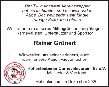 Traueranzeige von Rainer Grünert von Ostthüringer Zeitung