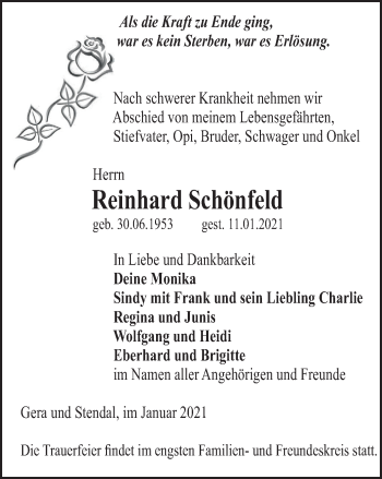 Traueranzeige von Reinhard Schönfeld von Ostthüringer Zeitung