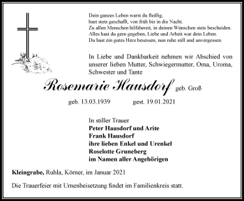 Traueranzeige von Rosemarie Hausdorf von Thüringer Allgemeine, Thüringische Landeszeitung