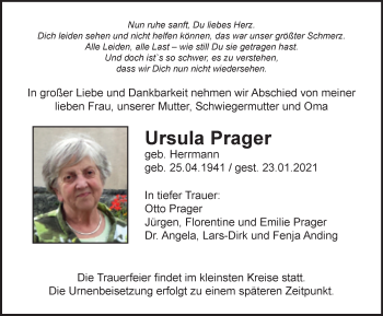 Traueranzeige von Ursula Prager von Ostthüringer Zeitung