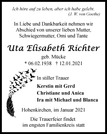 Traueranzeige von Uta Elisabeth Richter von Thüringer Allgemeine, Thüringische Landeszeitung