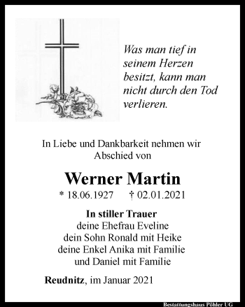 Traueranzeige von Werner Martin von Ostthüringer Zeitung