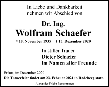 Traueranzeige von Wolfram Schaefer