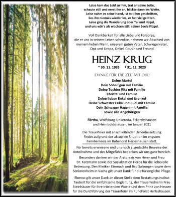 Traueranzeige von Heinz Krug von Thüringer Allgemeine, Thüringische Landeszeitung