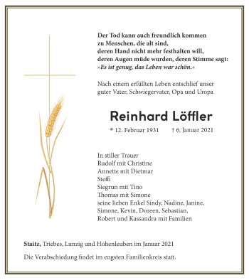 Traueranzeige von Reinhard Löffler von OTZ