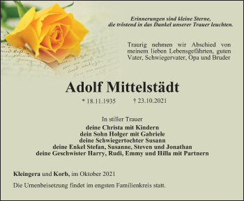 Traueranzeige von Adolf Mittelstädt von Ostthüringer Zeitung