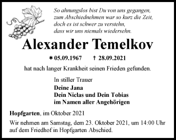 Traueranzeige von Alexander Temelkov von Thüringer Allgemeine, Thüringische Landeszeitung