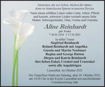 Traueranzeige von Aline Reinhardt von Thüringer Allgemeine, Thüringische Landeszeitung