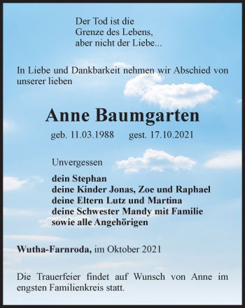 Traueranzeige von Anne Baumgarten von Thüringer Allgemeine, Thüringische Landeszeitung