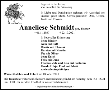 Traueranzeige von Anneliese Schmidt von Thüringer Allgemeine