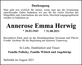 Traueranzeige von Annerose Emma Herwig von Thüringer Allgemeine, Thüringische Landeszeitung