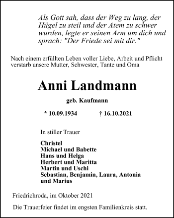 Traueranzeige von Anni Landmann von Thüringer Allgemeine, Thüringische Landeszeitung