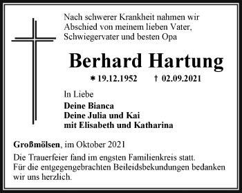 Traueranzeige von Berhard Hartung von Thüringer Allgemeine, Thüringische Landeszeitung