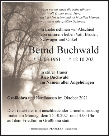 Traueranzeige von Bernd Buchwald von Thüringer Allgemeine