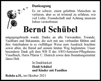 Traueranzeige von Bernd Schübel von Thüringer Allgemeine, Thüringische Landeszeitung
