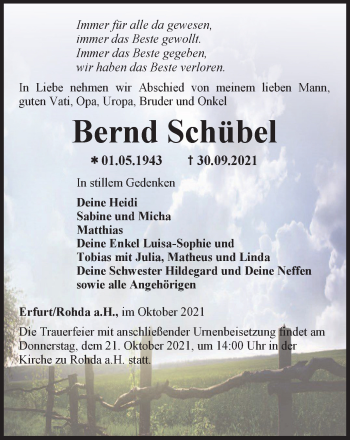 Traueranzeige von Bernd Schübel von Thüringer Allgemeine, Thüringische Landeszeitung