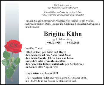 Traueranzeige von Brigitte Kühn von Thüringer Allgemeine, Thüringische Landeszeitung