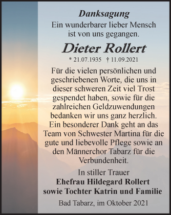 Traueranzeige von Dieter Rollert von Thüringer Allgemeine, Thüringische Landeszeitung