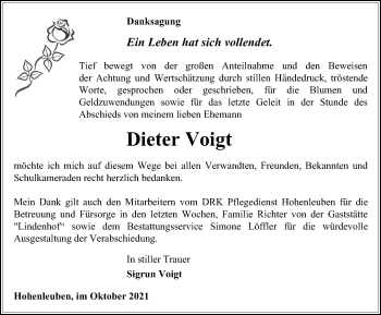 Traueranzeige von Dieter Voigt von Ostthüringer Zeitung