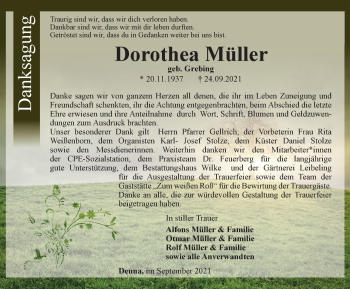 Traueranzeige von Dorothea Müller von Thüringer Allgemeine