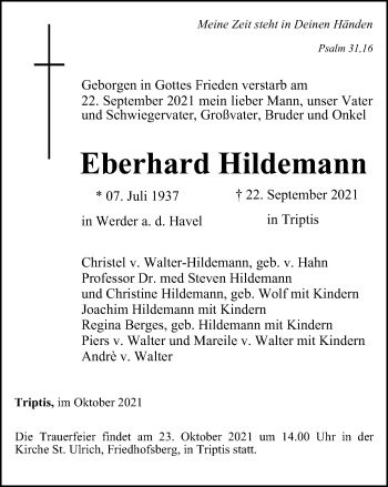 Traueranzeige von Eberhard Hildemann