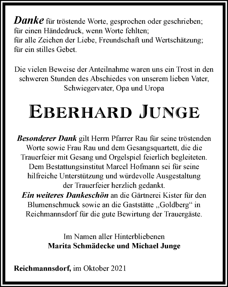  Traueranzeige für Eberhard Junge vom 23.10.2021 aus Ostthüringer Zeitung