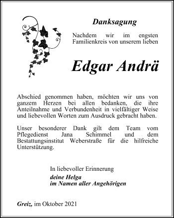 Traueranzeige von Edgar Andrä von Ostthüringer Zeitung