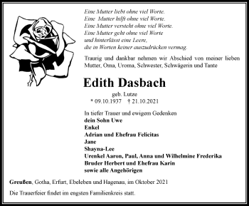 Traueranzeige von Edith Dasbach von Thüringer Allgemeine