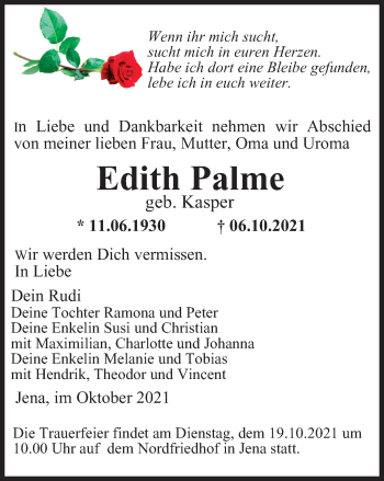 Traueranzeige von Edith Palme von Ostthüringer Zeitung, Thüringische Landeszeitung