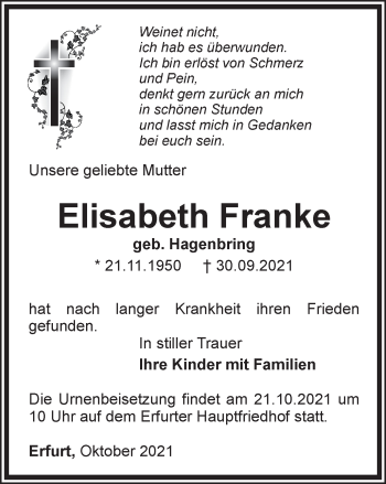 Traueranzeige von Elisabeth Franke von Thüringer Allgemeine, Thüringische Landeszeitung