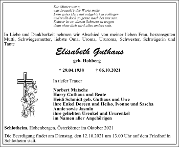 Traueranzeige von Elisabeth Guthaus von Thüringer Allgemeine, Thüringische Landeszeitung