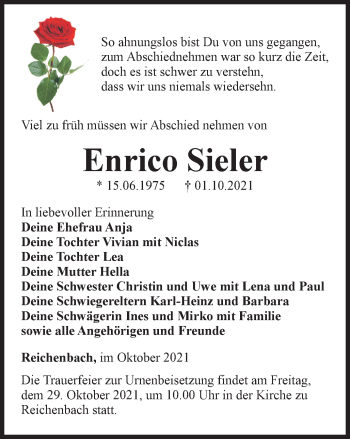 Traueranzeige von Enrico Sieler von Ostthüringer Zeitung