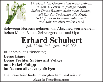 Traueranzeige von Erhard Schubert von Thüringer Allgemeine, Thüringische Landeszeitung