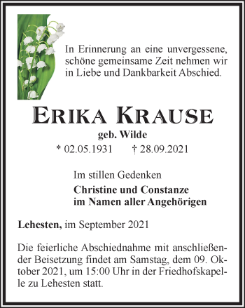 Traueranzeige von Erika Krause von Ostthüringer Zeitung