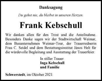 Traueranzeige von Frank Kebschull von Thüringer Allgemeine, Thüringische Landeszeitung