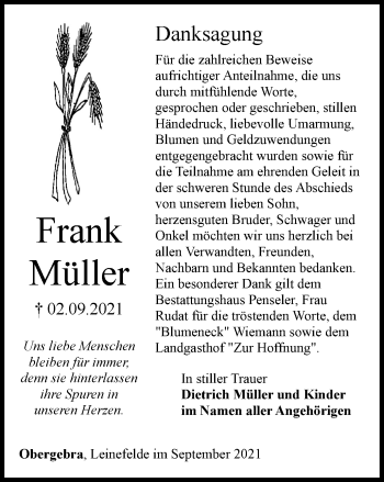 Traueranzeige von Frank Müller von Thüringer Allgemeine