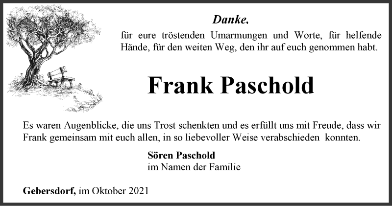  Traueranzeige für Frank Paschold vom 30.10.2021 aus Ostthüringer Zeitung