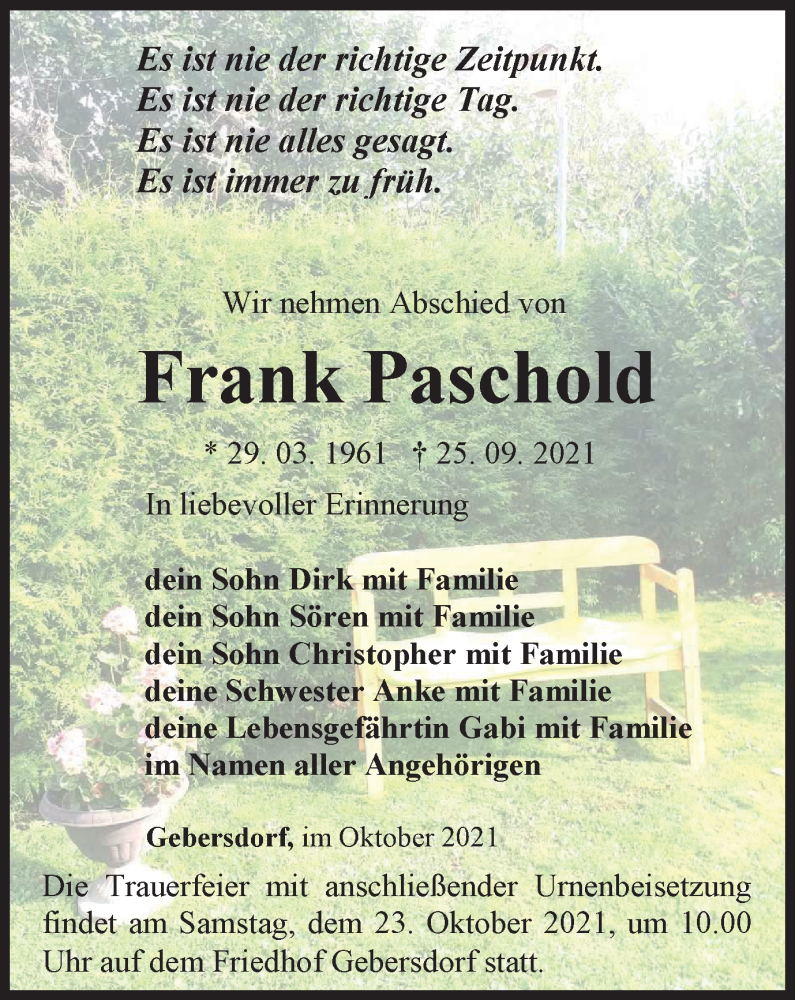  Traueranzeige für Frank Paschold vom 16.10.2021 aus Ostthüringer Zeitung