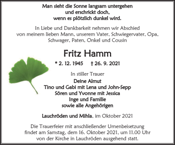 Traueranzeige von Fritz Hamm von Thüringer Allgemeine, Thüringische Landeszeitung