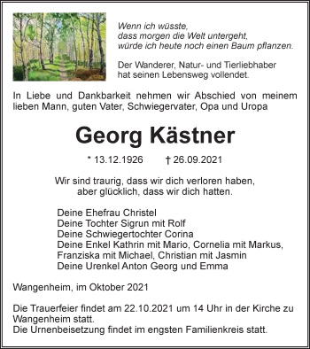 Traueranzeige von Georg Kästner von Thüringer Allgemeine, Thüringische Landeszeitung