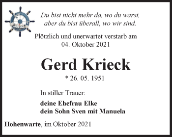 Traueranzeige von Gerd Krieck von Ostthüringer Zeitung