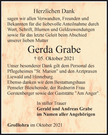 Traueranzeige von Gerda Grabe von Thüringer Allgemeine