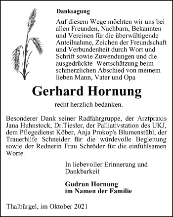 Traueranzeige von Gerhard Hornung von Ostthüringer Zeitung