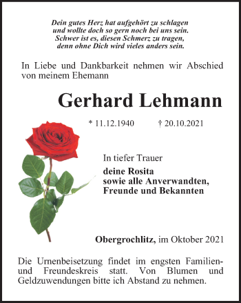 Traueranzeige von Gerhard Lehmann von Ostthüringer Zeitung