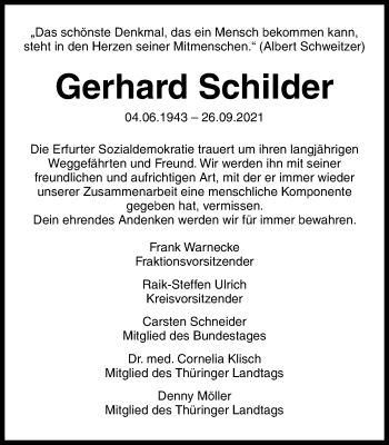 Traueranzeige von Gerhard Schilder von Thüringer Allgemeine, Thüringische Landeszeitung