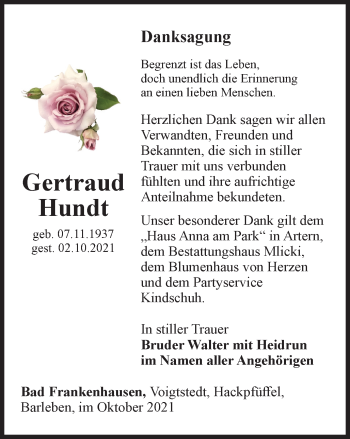 Traueranzeige von Gertraud Hundt von Thüringer Allgemeine