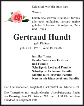 Traueranzeige von Gertraud Hundt von Thüringer Allgemeine