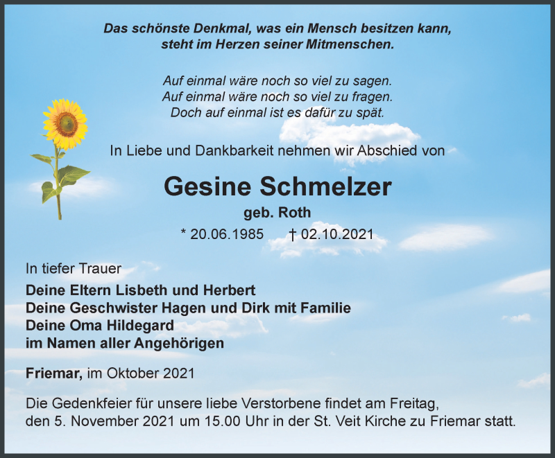  Traueranzeige für Gesine Schmelzer vom 30.10.2021 aus Thüringer Allgemeine, Thüringische Landeszeitung