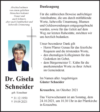 Traueranzeige von Gisela Schneider von Thüringer Allgemeine